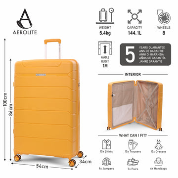 Aerolite 32” XL 144L Polypropylene (PP) Checked Luggage – Lightweight Extra Large Hard Shell Suitcase with 4 Spinner Wheels, TSA Lock & Waterproof Pocket – Mango